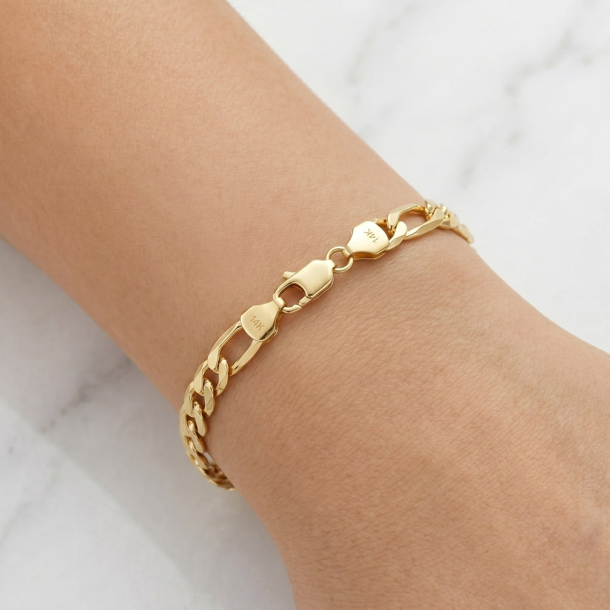 14K Solid Gold Hand-Finished Figaro Bracelet