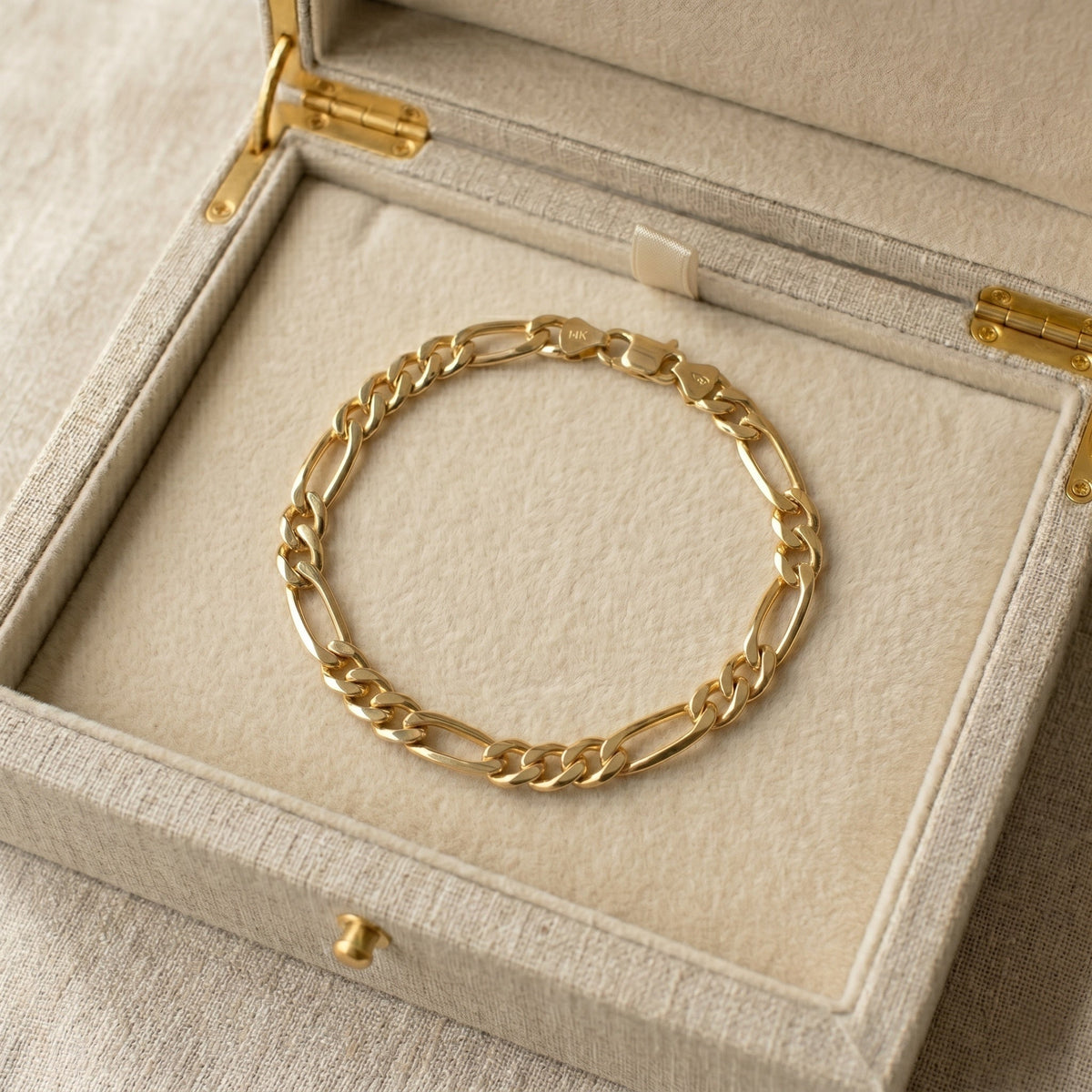14K Solid Gold Hand-Finished Figaro Bracelet