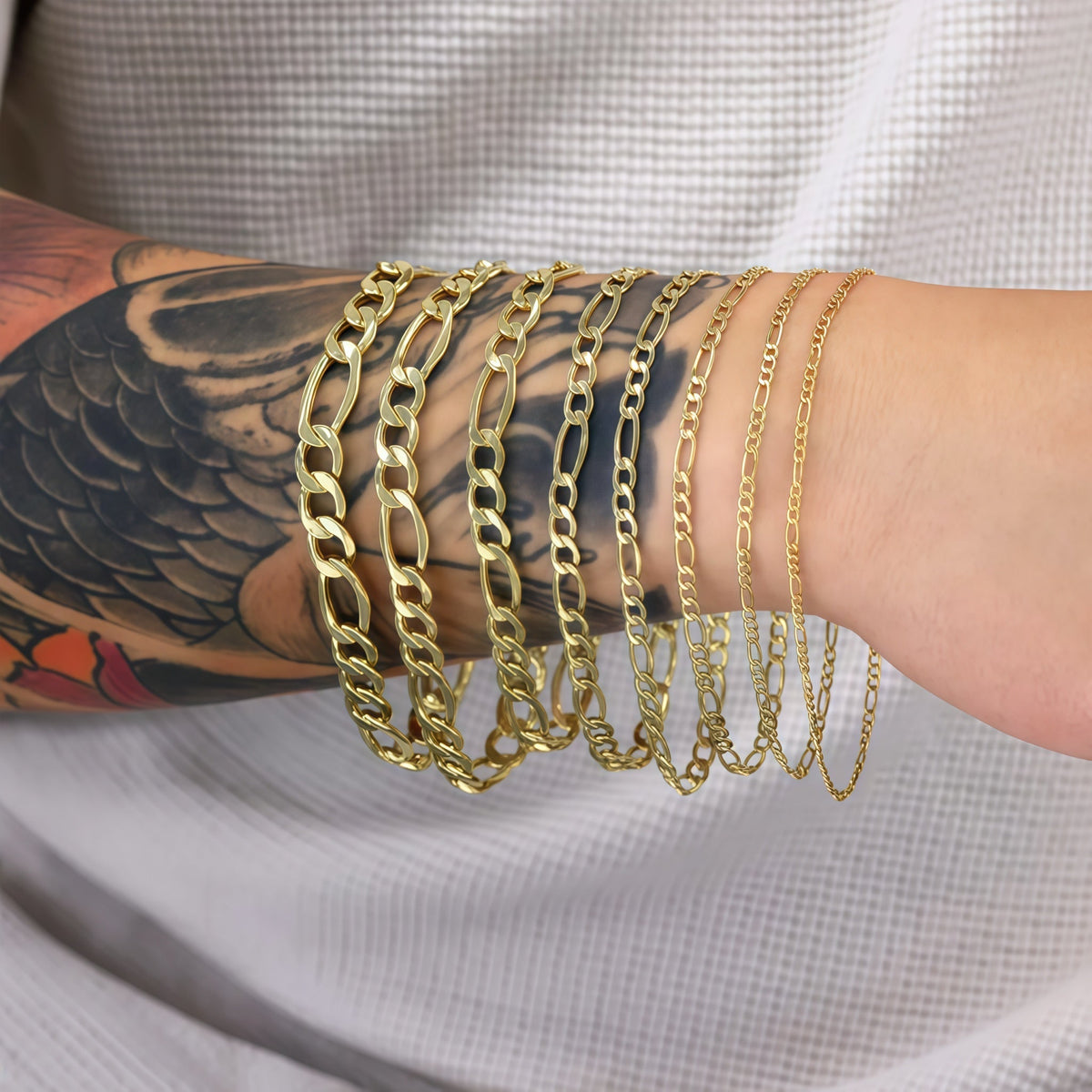 14K Solid Gold Hand-Finished Figaro Bracelet