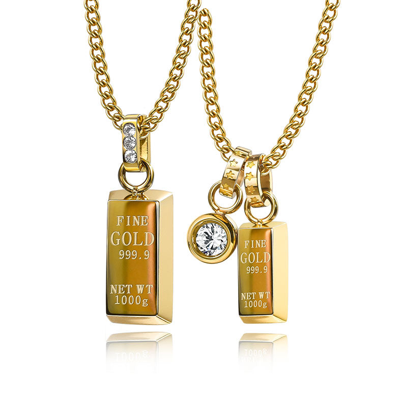 14K Gold Replica Gold Block Pendant Necklace