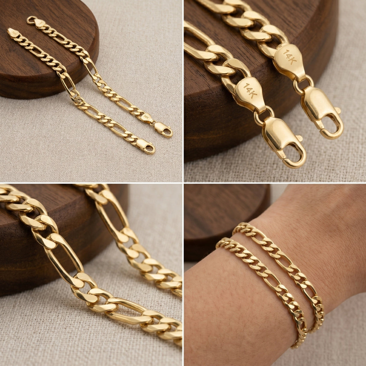 14K Solid Gold Hand-Finished Figaro Bracelet