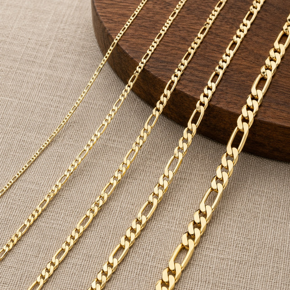 14K Solid Gold Hand-Finished Figaro Chain