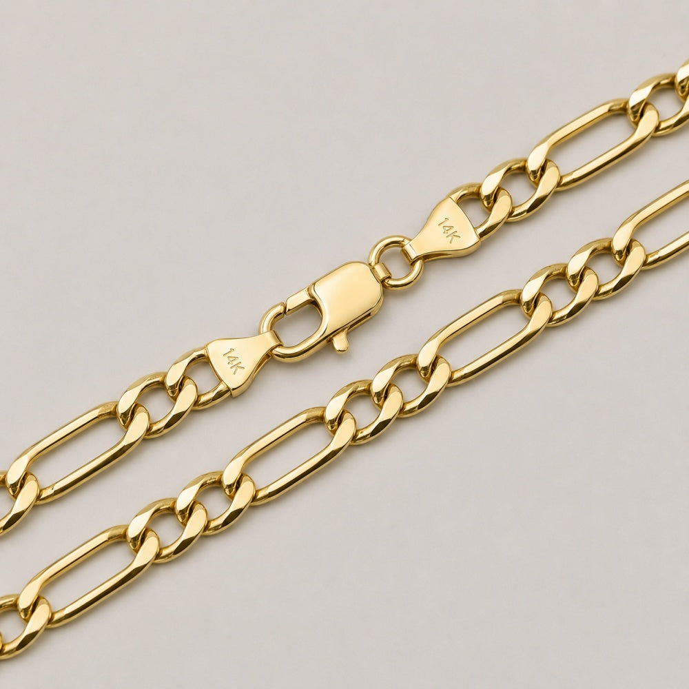 14K Solid Gold Hand-Finished Figaro Chain